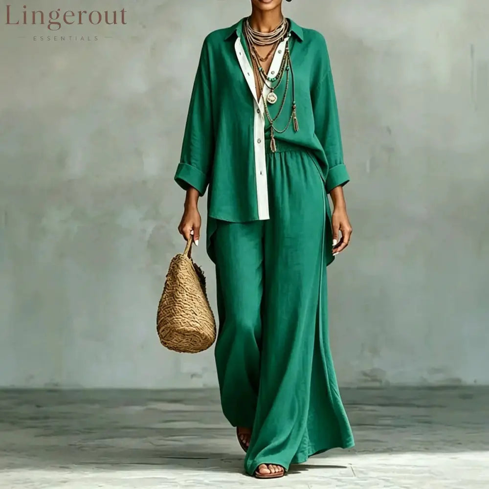 Contrast Trim Linen Shirt Wide Leg Pants 2 Piece Set