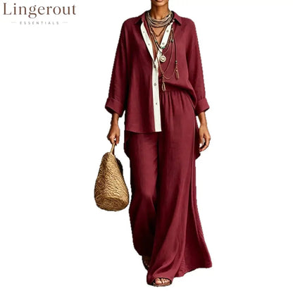 Contrast Trim Linen Shirt Wide Leg Pants 2 Piece Set
