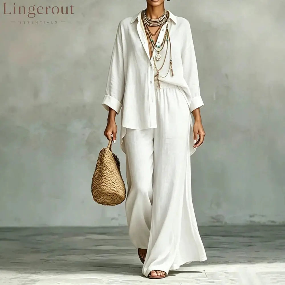 Contrast Trim Linen Shirt Wide Leg Pants 2 Piece Set