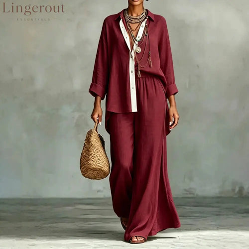 Contrast Trim Linen Shirt Wide Leg Pants 2 Piece Set