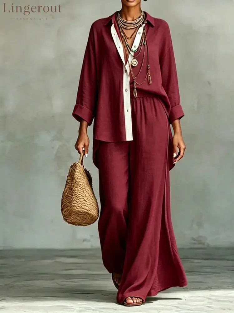 Contrast Trim Linen Shirt Wide Leg Pants 2 Piece Set - Red / S