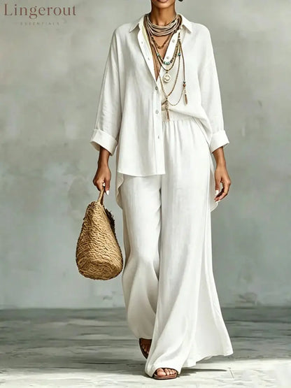 Contrast Trim Linen Shirt Wide Leg Pants 2 Piece Set - White / S