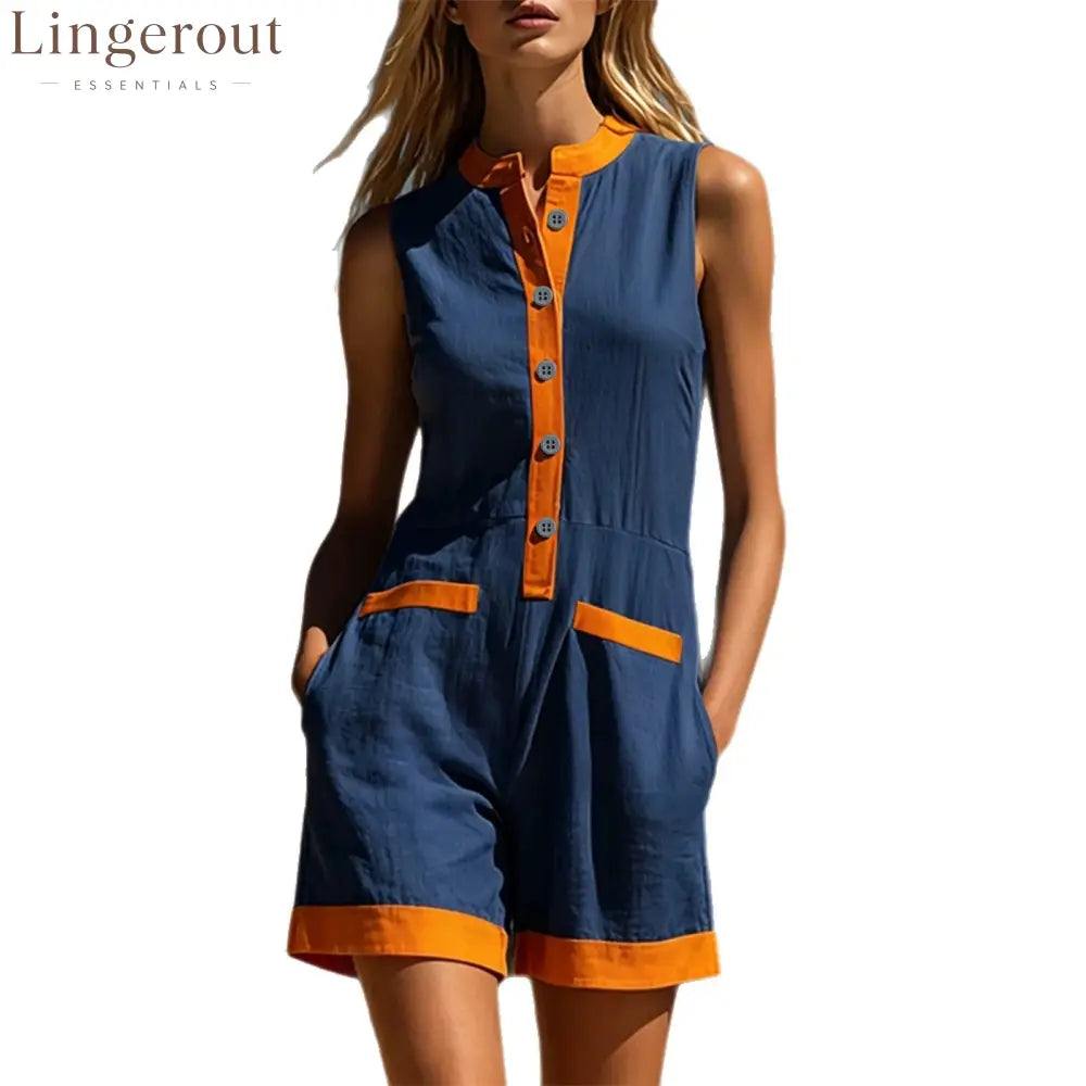 Contrast Trim Sleeveless Linen Short Jumpsuit