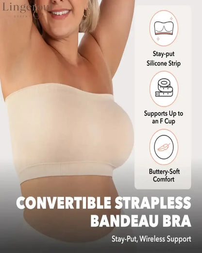 Convertible Strapless Bandeau Bra with Wireless Comfort Anti-Slip Grip & Removable Straps