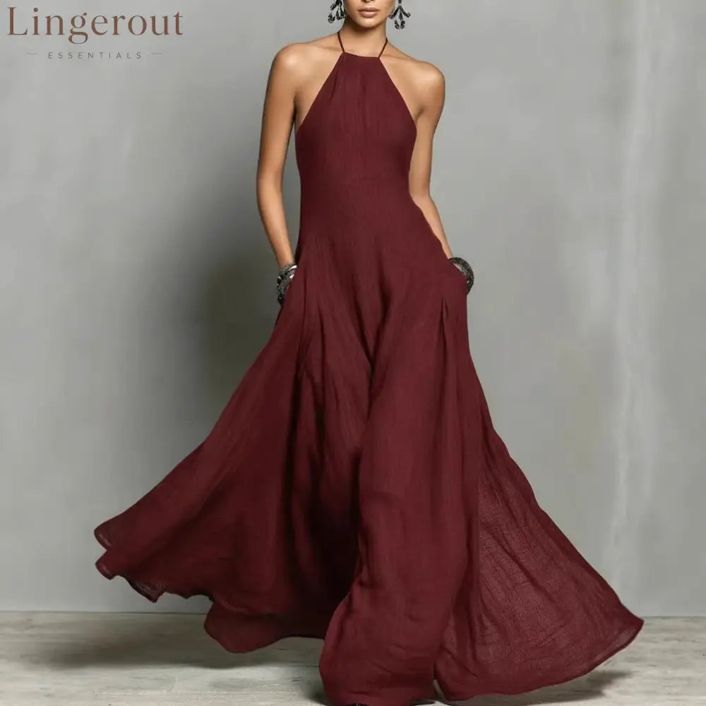 Cotton And Linen Blend Simple Backless Sleeveless Long Dress - Claret / S