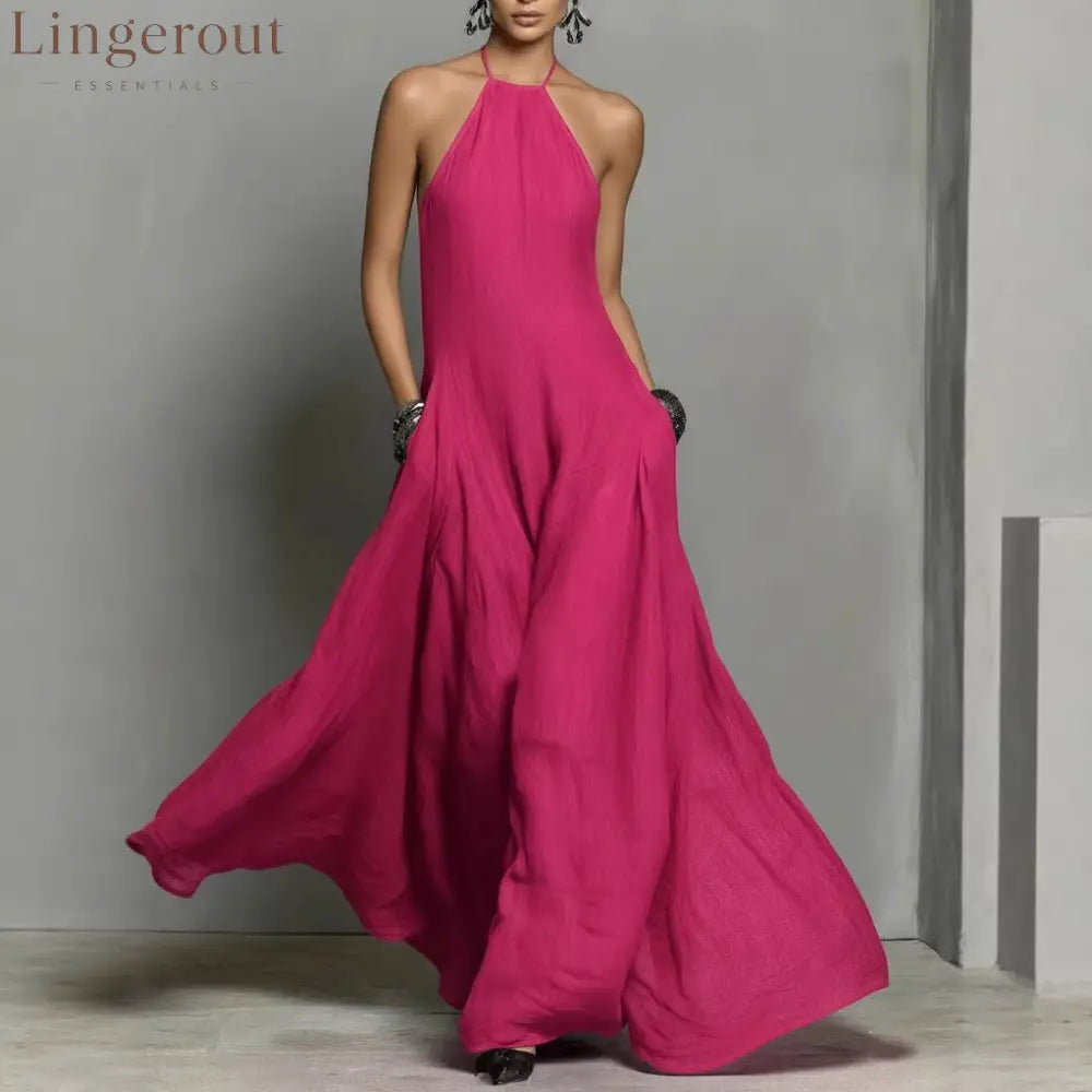 Cotton And Linen Blend Simple Backless Sleeveless Long Dress - Rose red / S