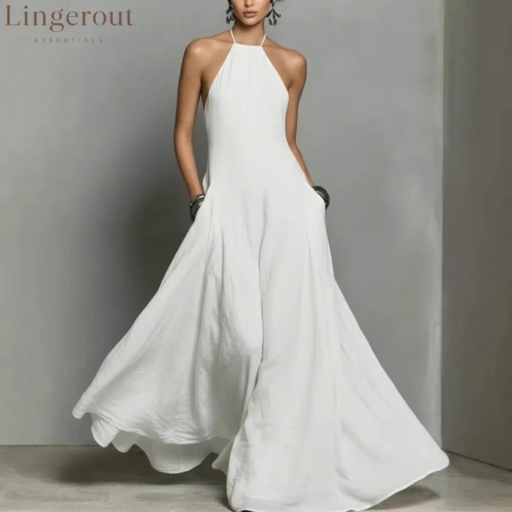 Cotton And Linen Blend Simple Backless Sleeveless Long Dress - White / S
