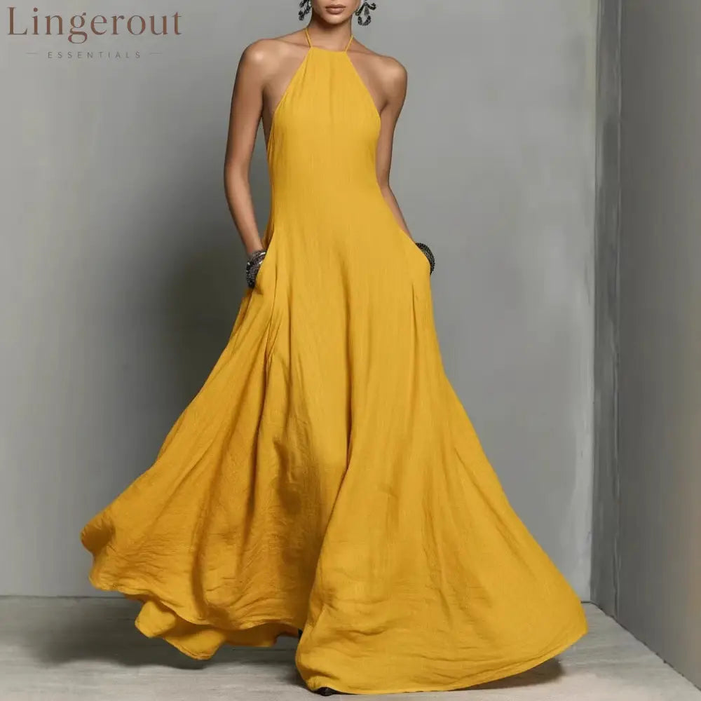 Cotton And Linen Blend Simple Backless Sleeveless Long Dress - Yellow / S