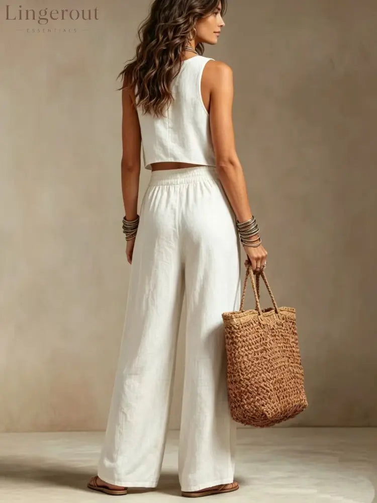 Cotton linen 2 Piece Set: Sleeveless Ruffle Tank Top & Drawstring Wide Leg Pants