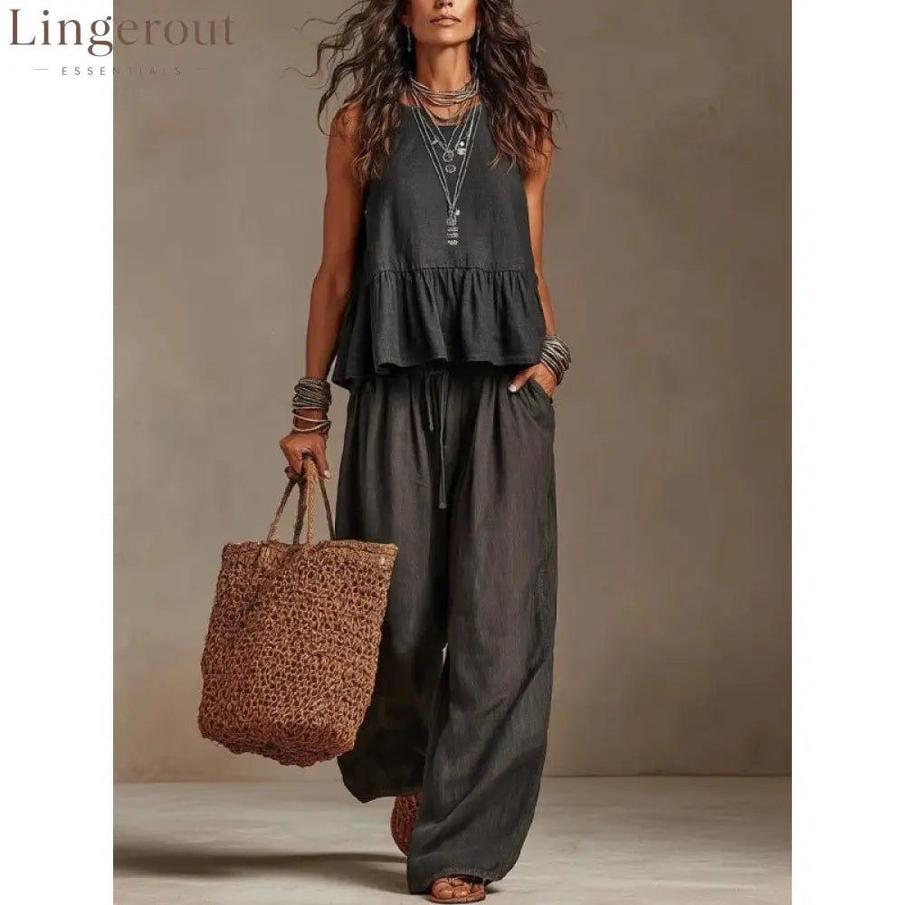 Cotton linen 2 Piece Set: Sleeveless Ruffle Tank Top & Drawstring Wide Leg Pants - Black / S