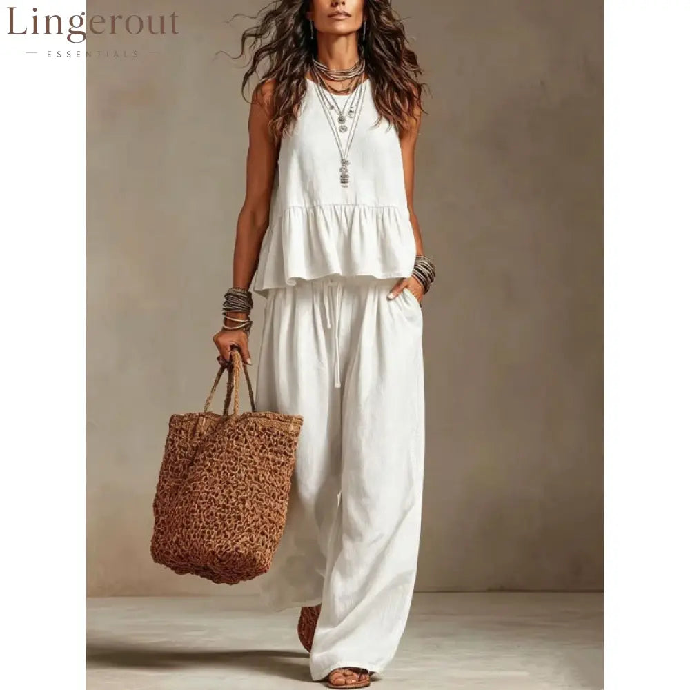 Cotton linen 2 Piece Set: Sleeveless Ruffle Tank Top & Drawstring Wide Leg Pants - White / S