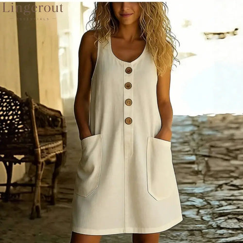 Cotton-Linen Button-Front A-Line Mini Dress