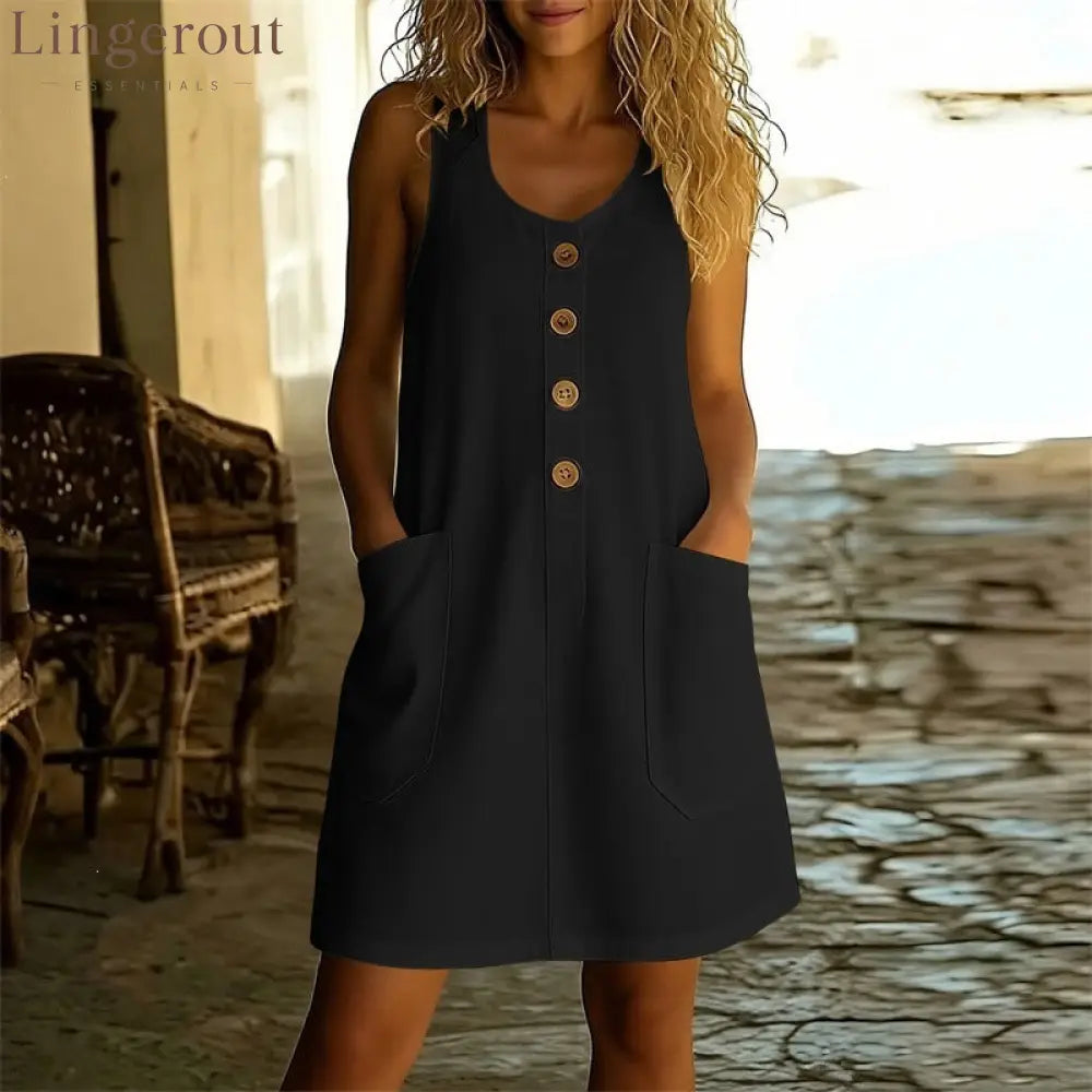 Cotton-Linen Button-Front A-Line Mini Dress - Black / S