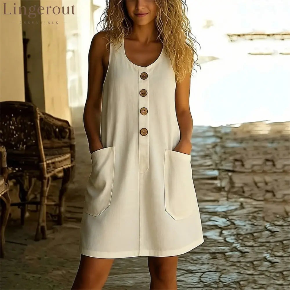 Cotton-Linen Button-Front A-Line Mini Dress - Off white / S