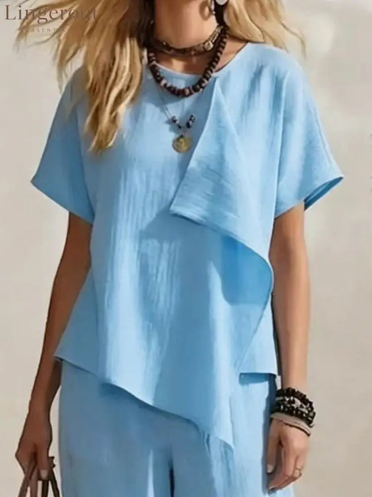 Cotton-linen Round-neck Asymmetrical Top + Side-slit Wide-leg Pants Two-piece Set