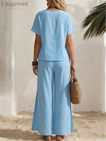 Cotton-linen Round-neck Asymmetrical Top + Side-slit Wide-leg Pants Two-piece Set