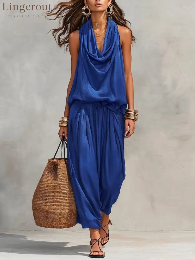 Cozy Elegant Draped Sleeveless Top And Pants Two-piece Set - Blue / S