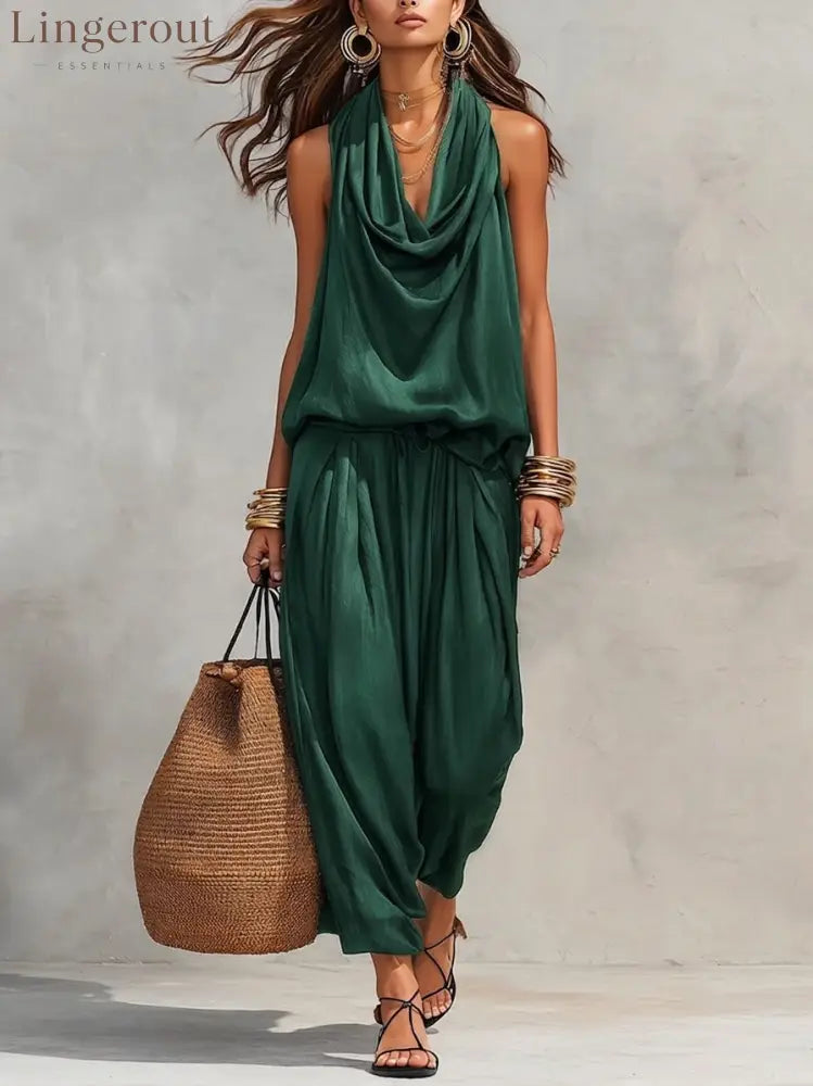 Cozy Elegant Draped Sleeveless Top And Pants Two-piece Set - Green / S