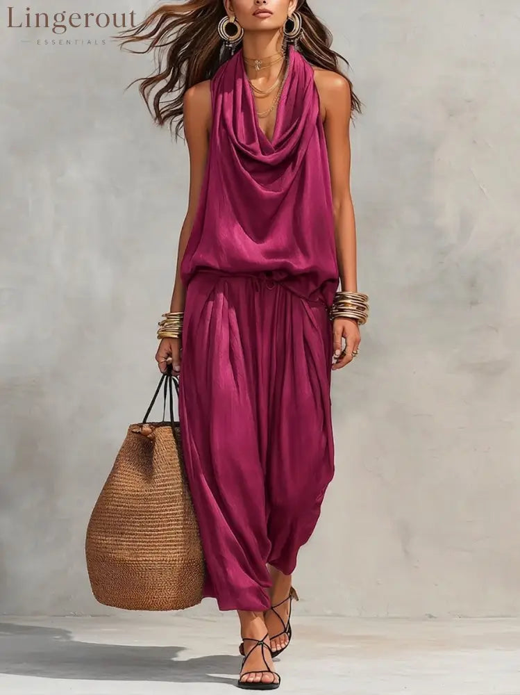 Cozy Elegant Draped Sleeveless Top And Pants Two-piece Set - RoseRed / S