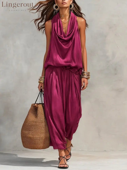Cozy Elegant Draped Sleeveless Top And Pants Two-piece Set - RoseRed / S