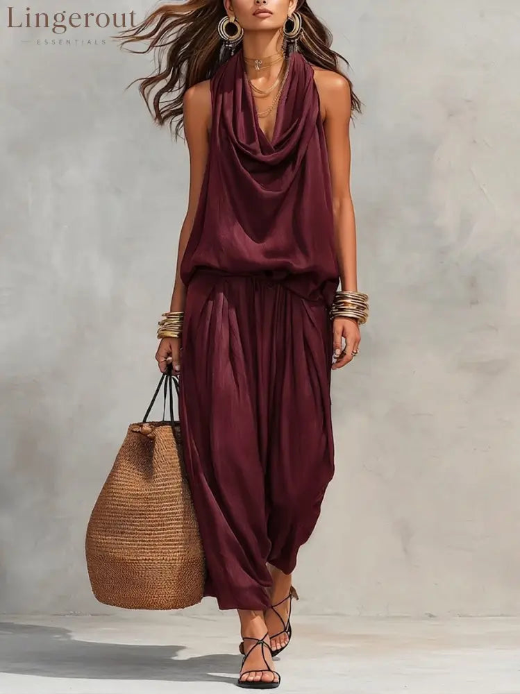 Cozy Elegant Draped Sleeveless Top And Pants Two-piece Set - Wine / S