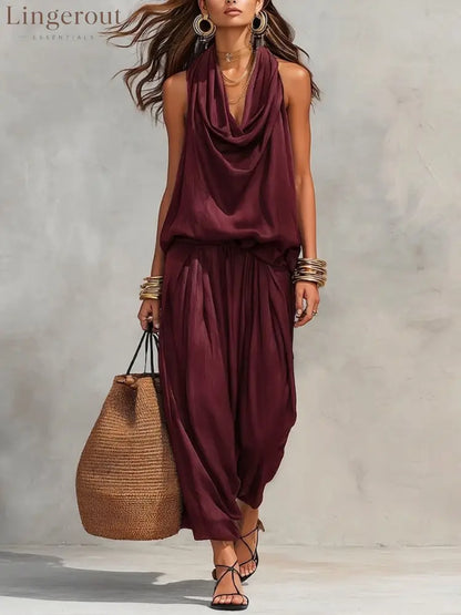 Cozy Elegant Draped Sleeveless Top And Pants Two-piece Set - Wine / S