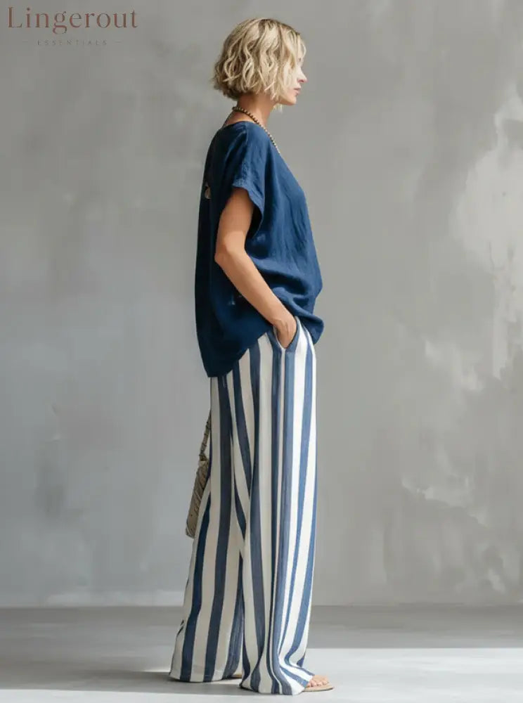 Cozy Loose-fit Striped Cotton-linen Two-piece Set