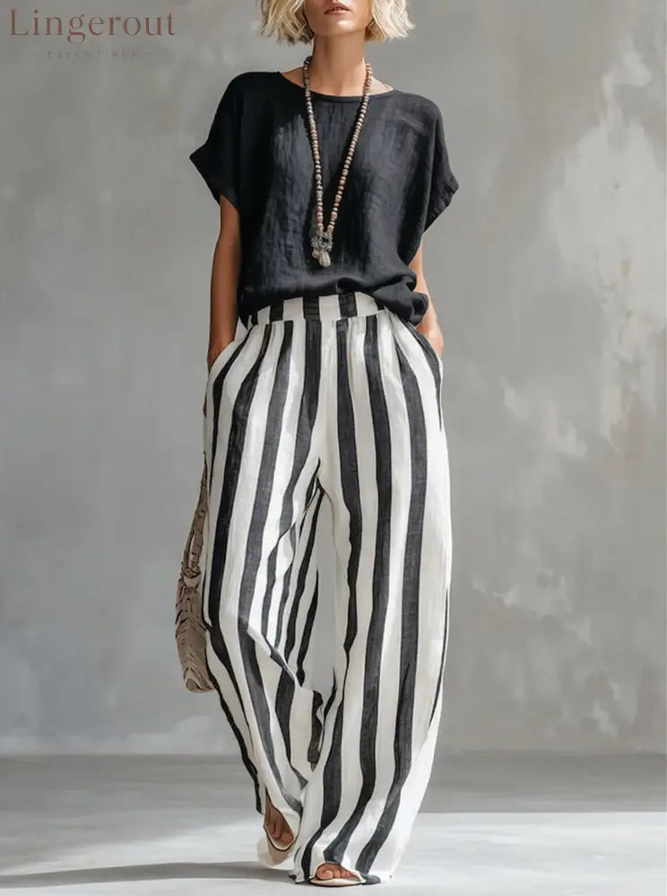 Cozy Loose-fit Striped Cotton-linen Two-piece Set - Black / S