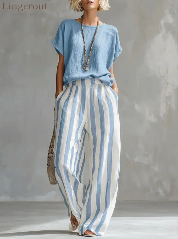 Cozy Loose-fit Striped Cotton-linen Two-piece Set - Blue / S