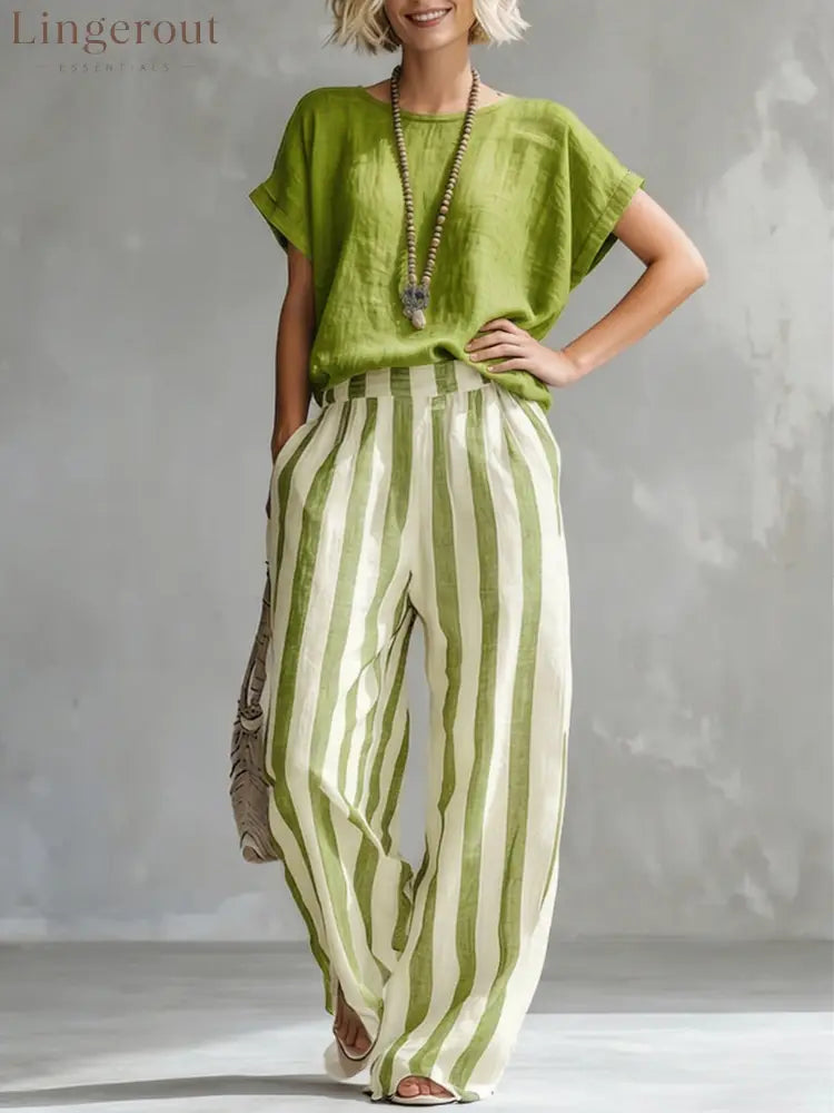 Cozy Loose-fit Striped Cotton-linen Two-piece Set - Green / S