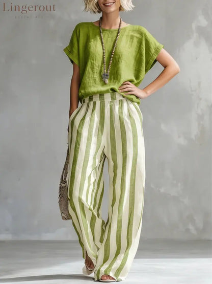 Cozy Loose-fit Striped Cotton-linen Two-piece Set - Green / S