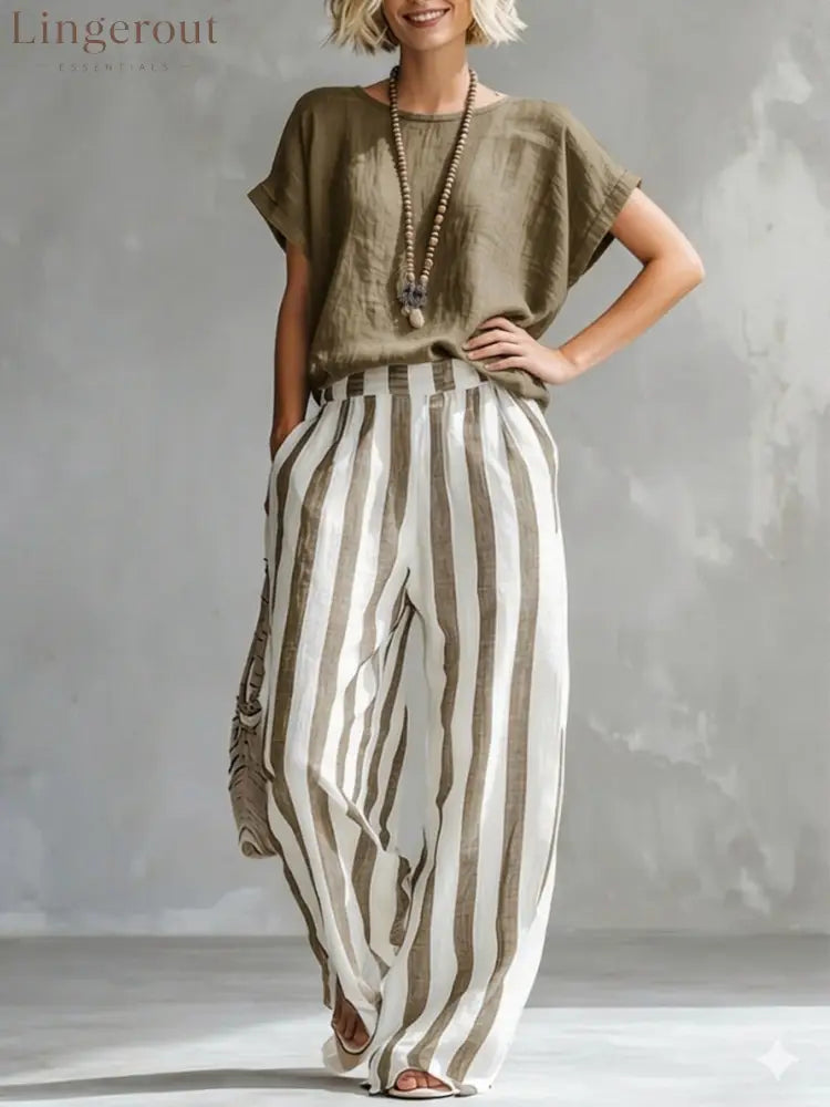 Cozy Loose-fit Striped Cotton-linen Two-piece Set - Khaki / S