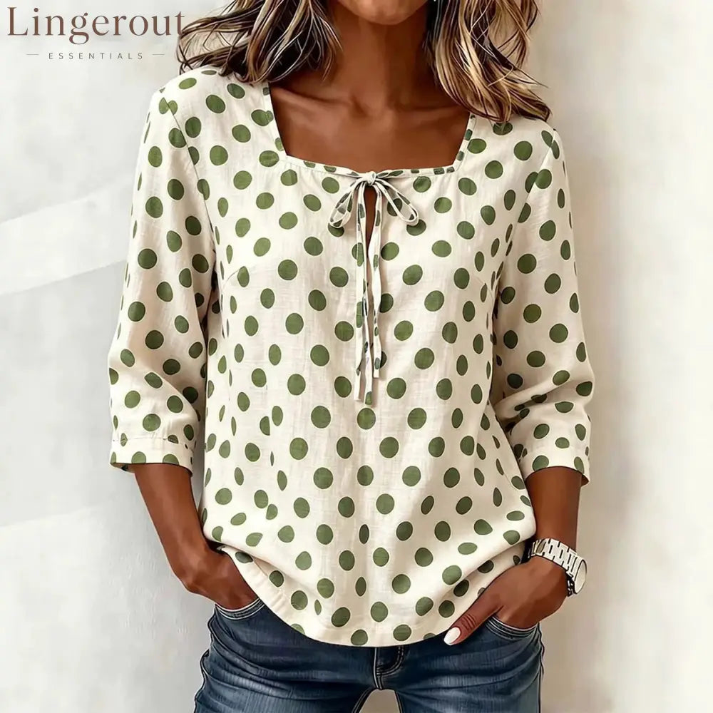 Cream Base Polka Dot Square Neck Tie Front 3/4 Sleeve Blouse