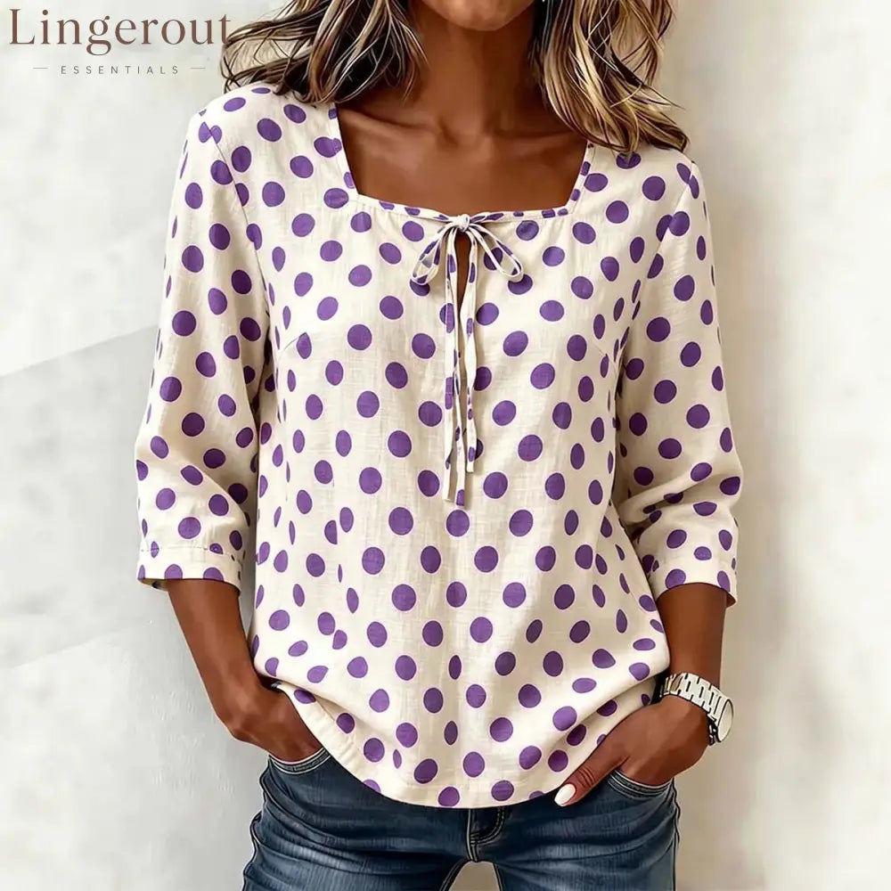 Cream Base Polka Dot Square Neck Tie Front 3/4 Sleeve Blouse
