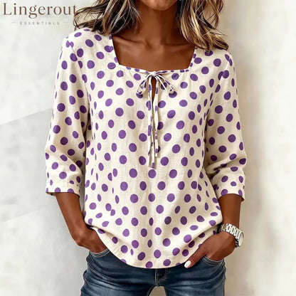 Cream Base Polka Dot Square Neck Tie Front 3/4 Sleeve Blouse
