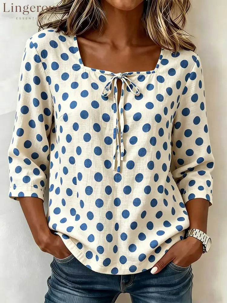 Cream Base Polka Dot Square Neck Tie Front 3/4 Sleeve Blouse - Blue / S