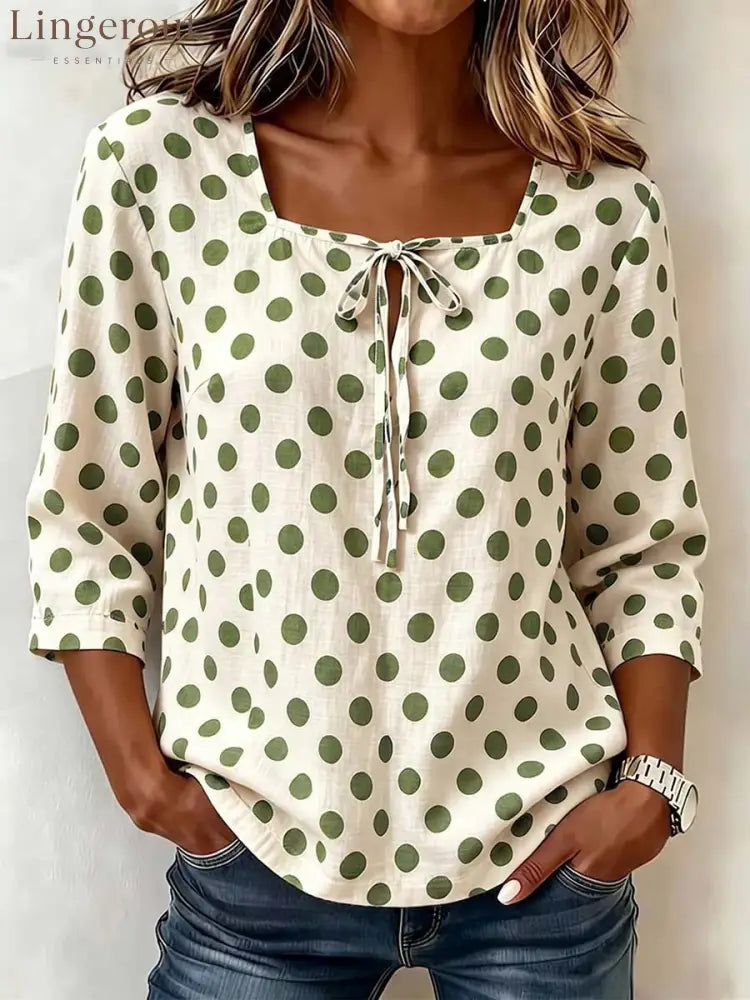 Cream Base Polka Dot Square Neck Tie Front 3/4 Sleeve Blouse - Green / S