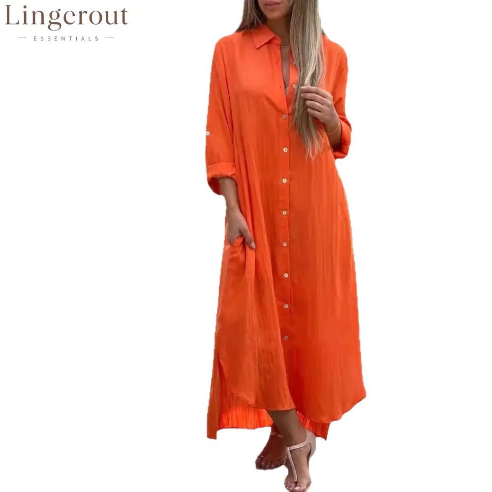 Crinkle Linen Blend Midi Shirt Dress