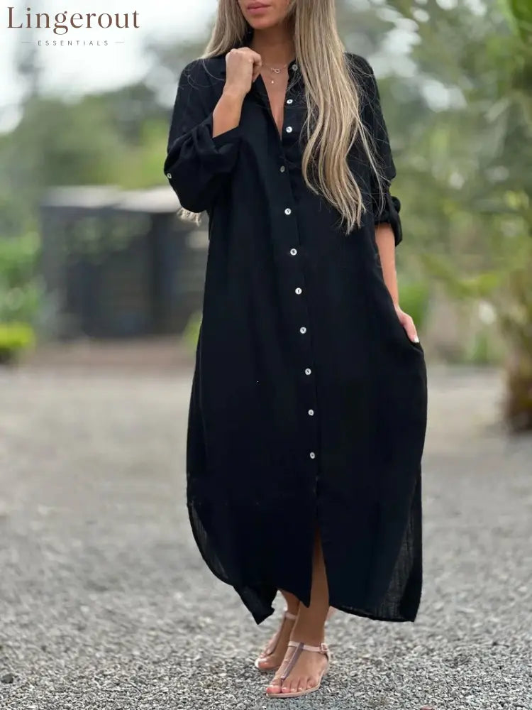 Crinkle Linen Blend Midi Shirt Dress - Black / S