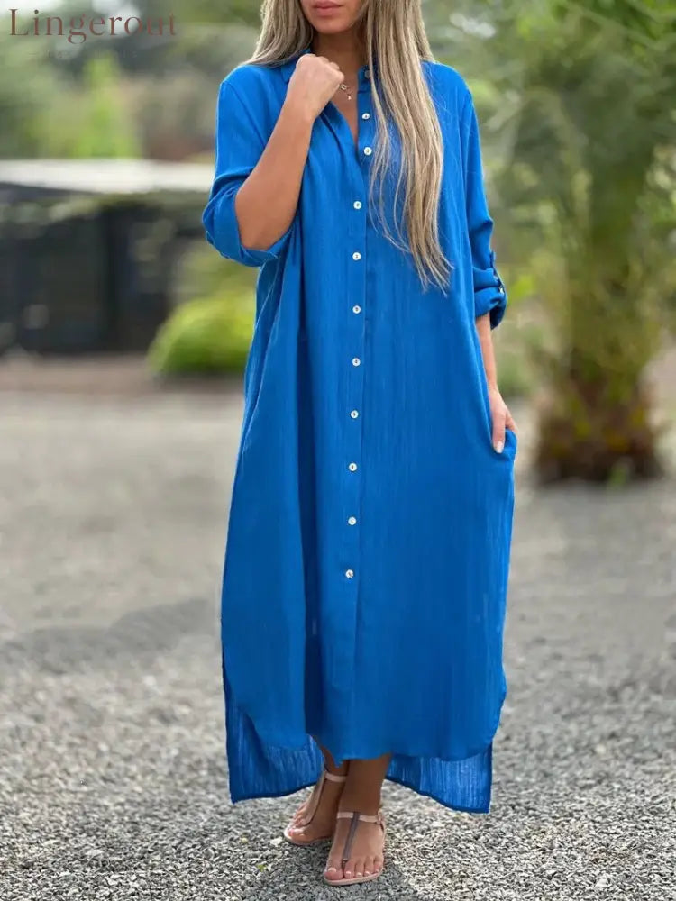 Crinkle Linen Blend Midi Shirt Dress - Blue / S