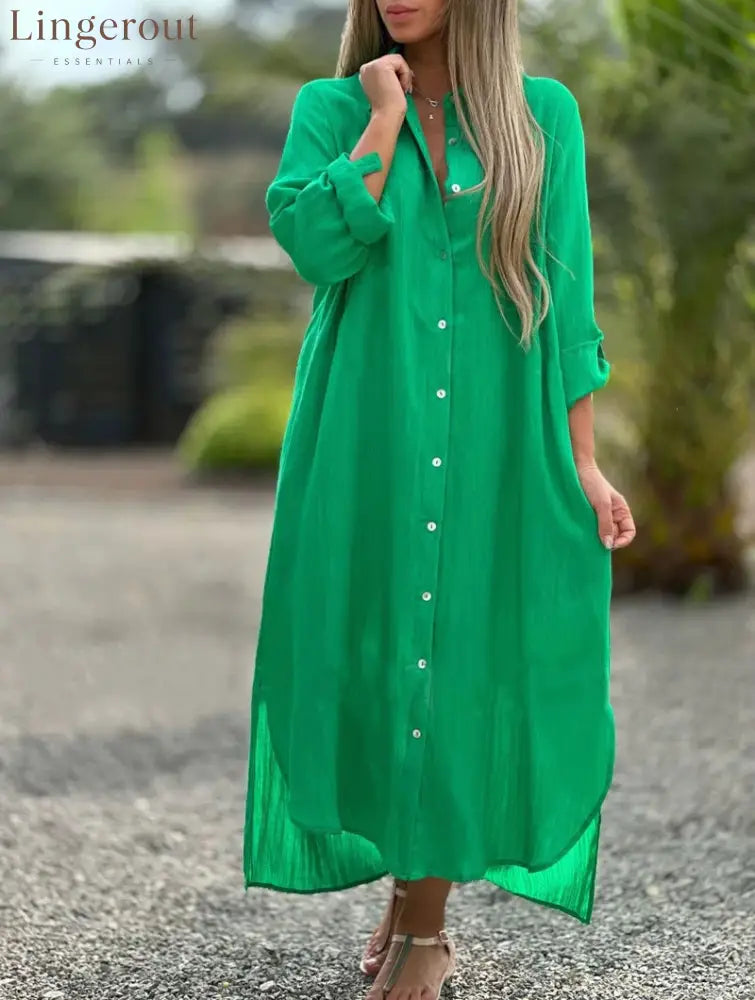 Crinkle Linen Blend Midi Shirt Dress - Green / S