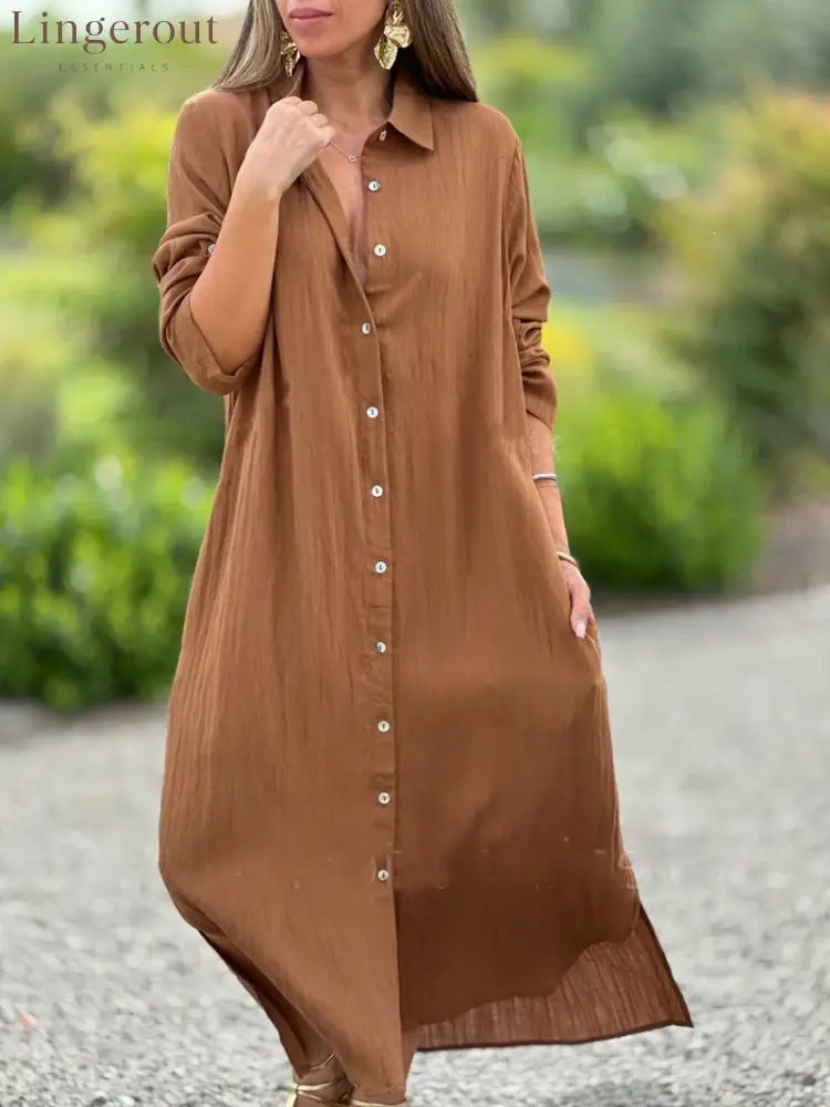 Crinkle Linen Blend Midi Shirt Dress - Khaki / S