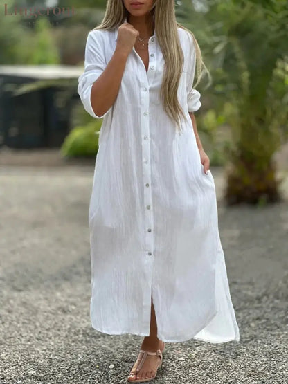 Crinkle Linen Blend Midi Shirt Dress - White / S