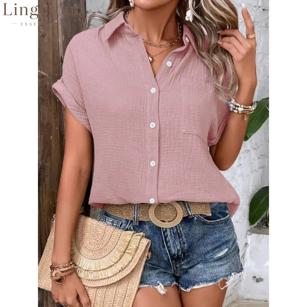 Crinkle Textured Short Sleeve Button Down Shirt With Chest Pocket - Pink / S