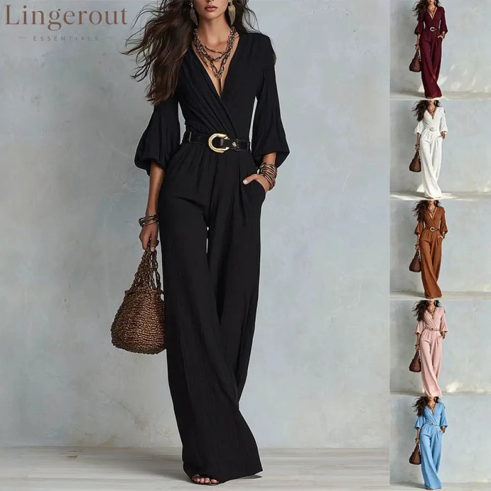 Crinkle Wrap V Neck Balloon Sleeve Belted Wide Leg Jumpsuit