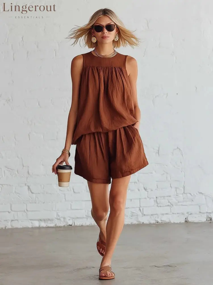 Crinkled Casual Two Piece Short Set - Brown / S