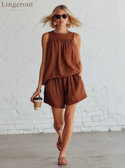 Crinkled Casual Two Piece Short Set - Brown / S