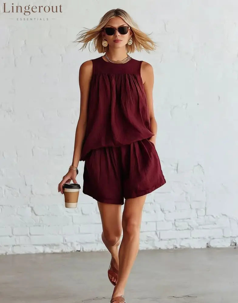 Crinkled Casual Two Piece Short Set - Claret / S