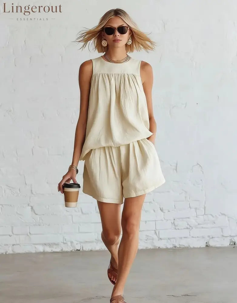 Crinkled Casual Two Piece Short Set - Ivory white / S