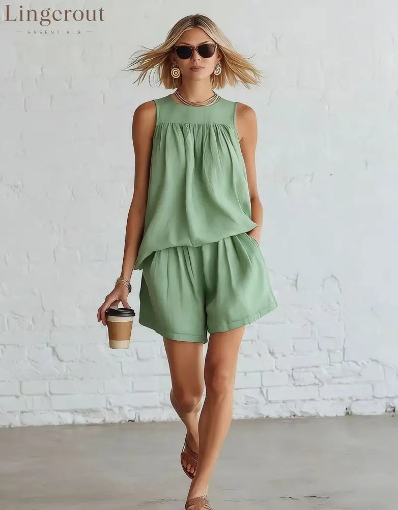 Crinkled Casual Two Piece Short Set - Light green / S
